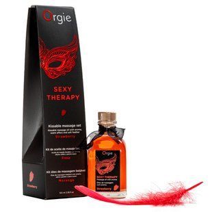Набор для массажа Orgie &ndash; Sexy Therapy Strawberry (100 мл), съедобное разогревающее масло + перышко