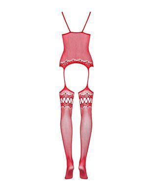 Бодистокинг Obsessive Bodystocking F214 red S/M/L, имитация корсета и чулок на подвязках