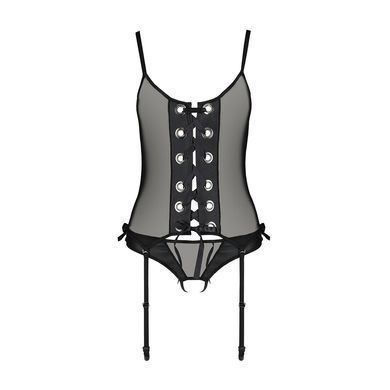 Корсет со шнуровкой Passion NESSY CORSET L/XL black, стринги с открытым доступом, пажи для чулок