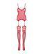 Бодистокинг Obsessive Bodystocking F214 red S/M/L, имитация корсета и чулок на подвязках