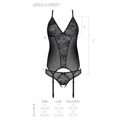 Корсет с пажами, трусики с ажурным декором и открытым шагом Passion URSULA CORSET L/XL, black