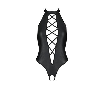Боди из эко-кожи с имитацией шнуровки и открытым доступом Passion NANCY BODY S/M, black