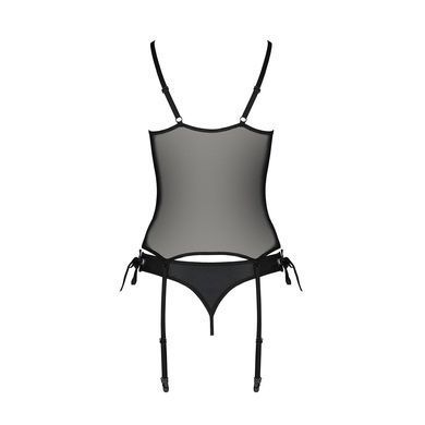 Корсет со шнуровкой Passion NESSY CORSET S/M black, стринги с открытым доступом, пажи для чулок