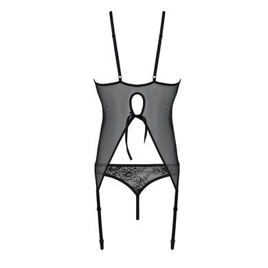 Корсет с пажами, трусики с ажурным декором и открытым шагом Passion URSULA CORSET S/M, black