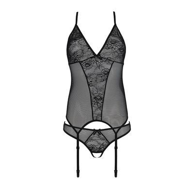 Корсет с пажами, трусики с ажурным декором и открытым шагом Passion URSULA CORSET S/M, black