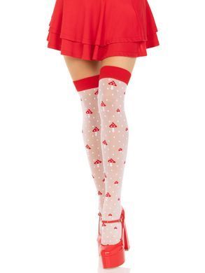 Чулки Leg Avenue Polka Dot Mushroom Thigh Highs, One Size, бело-красные, на резинке, рисунок &mdash; грибы