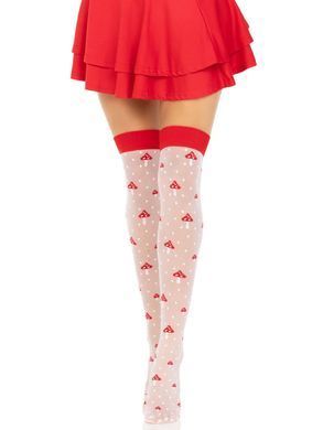Чулки Leg Avenue Polka Dot Mushroom Thigh Highs, One Size, бело-красные, на резинке, рисунок &mdash; грибы