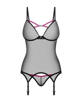 Корсет Obsessive Novenes corset & thong, M/L, прозорий, відкрита спина, стрінги в комплекті
