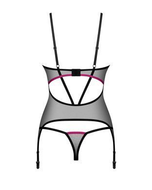 Корсет Obsessive Novenes corset & thong, M/L, прозорий, відкрита спина, стрінги в комплекті