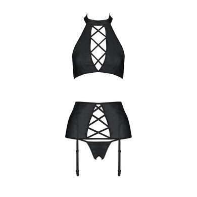 Комплект из эко-кожи с имитацией шнуровки Passion NANCY SET L/XL black, топ, трусики, пояс для чулок