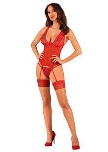 Прозорий корсет Obsessive Lacelove corset XL/2XL Red, мереживо, підв&rsquo;язки для панчіх
