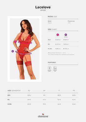 Прозорий корсет Obsessive Lacelove corset XL/2XL Red, мереживо, підв&rsquo;язки для панчіх
