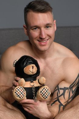 Плюшевый медвежонок HOODED Teddy Bear БДСМ в кожаном капюшоне с поводком, 23x16x12 см