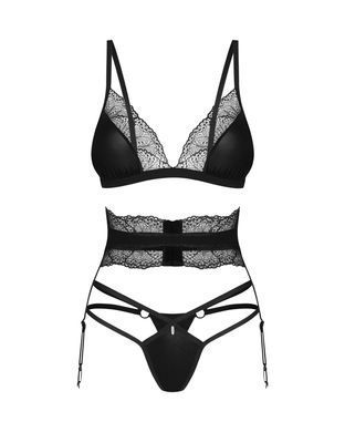 Комплект Obsessive Lobellis 3-pcs set, M/L, черный, лиф с мягкой чашкой, стринги, пояс для чулок