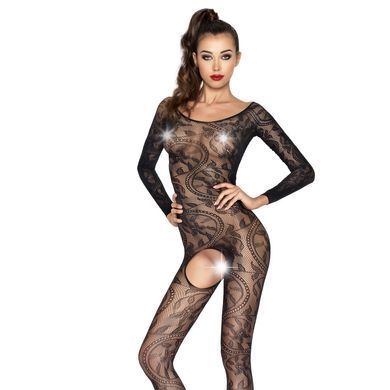 Бодистокинг Passion BS042 black, комбинезон, длинный рукав, закрытое плечо