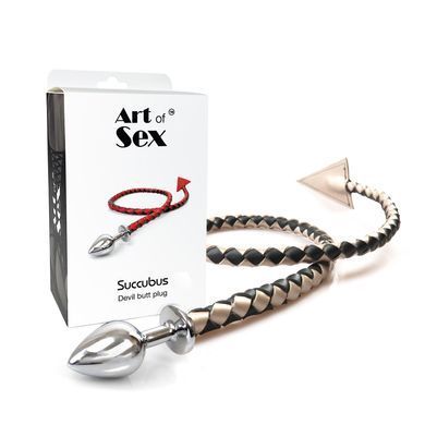 Металлическая анальная пробка L с дьявольским хвостом Art of Sex - Succubus, экокожа, черный/золото