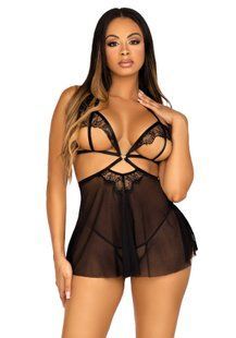 Сорочка беби-долл с открытыми чашками Leg Avenue Lace and mesh babydoll & panty Black M, стринги