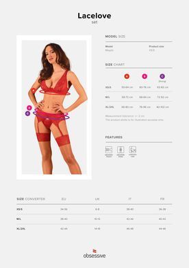 Комплект белья Obsessive Lacelove cupless 3pcs set XS/S Red, бюстгальтер, стринги, пояс для чулок