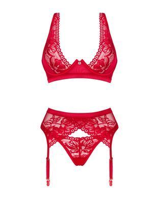 Комплект белья Obsessive Lacelove cupless 3pcs set XS/S Red, бюстгальтер, стринги, пояс для чулок