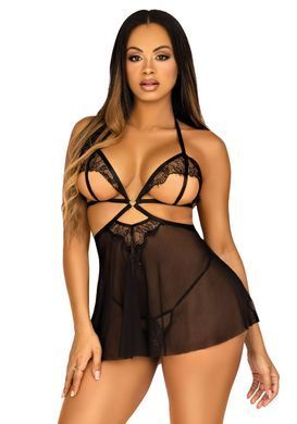 Сорочка беби-долл с открытыми чашками Leg Avenue Lace and mesh babydoll & panty Black L, стринги