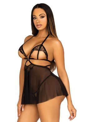 Сорочка беби-долл с открытыми чашками Leg Avenue Lace and mesh babydoll & panty Black L, стринги