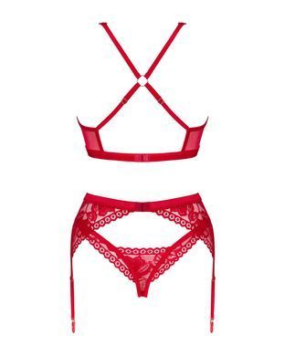 Комплект білизни Obsessive Lacelove cupless 3-pcs set M/L Red, бюстгальтер, стрінги, пояс для панчіх