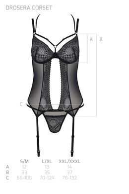 Корсет Passion DROSERA CORSET black, S/M, с креплениями для чулок, трусики в комплекте