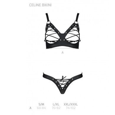 Комплект из экокожи Passion CELINE BIKINI S/M, black, открытый бра с лентами, стринги со шнуровкой