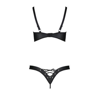 Комплект из экокожи Passion CELINE BIKINI S/M, black, открытый бра с лентами, стринги со шнуровкой