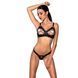 Комплект из экокожи Passion CELINE BIKINI S/M, black, открытый бра с лентами, стринги со шнуровкой