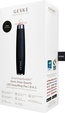 Ручка-масажер для обличчя з рожевим кварцом GESKE SmartAppGuided Sonic Rose Quartz LED Depuffing Pen 8in1 black