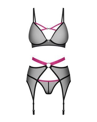 Комплект Obsessive Novenes 3-pcs set, XL/2XL, прозрачный лиф на косточках, стринги, пояс