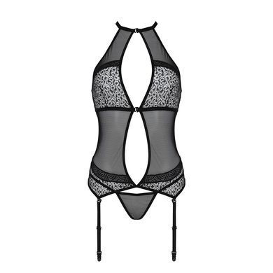 Корсет з пажами Passion SATARA CORSET L/XL black, стрінги, мереживо, застібки спереду та ззаду