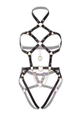 Портупея-тедди из экокожи Leg Avenue Heart ring harness teddy L, Black, подвеска-сердечко, цепи